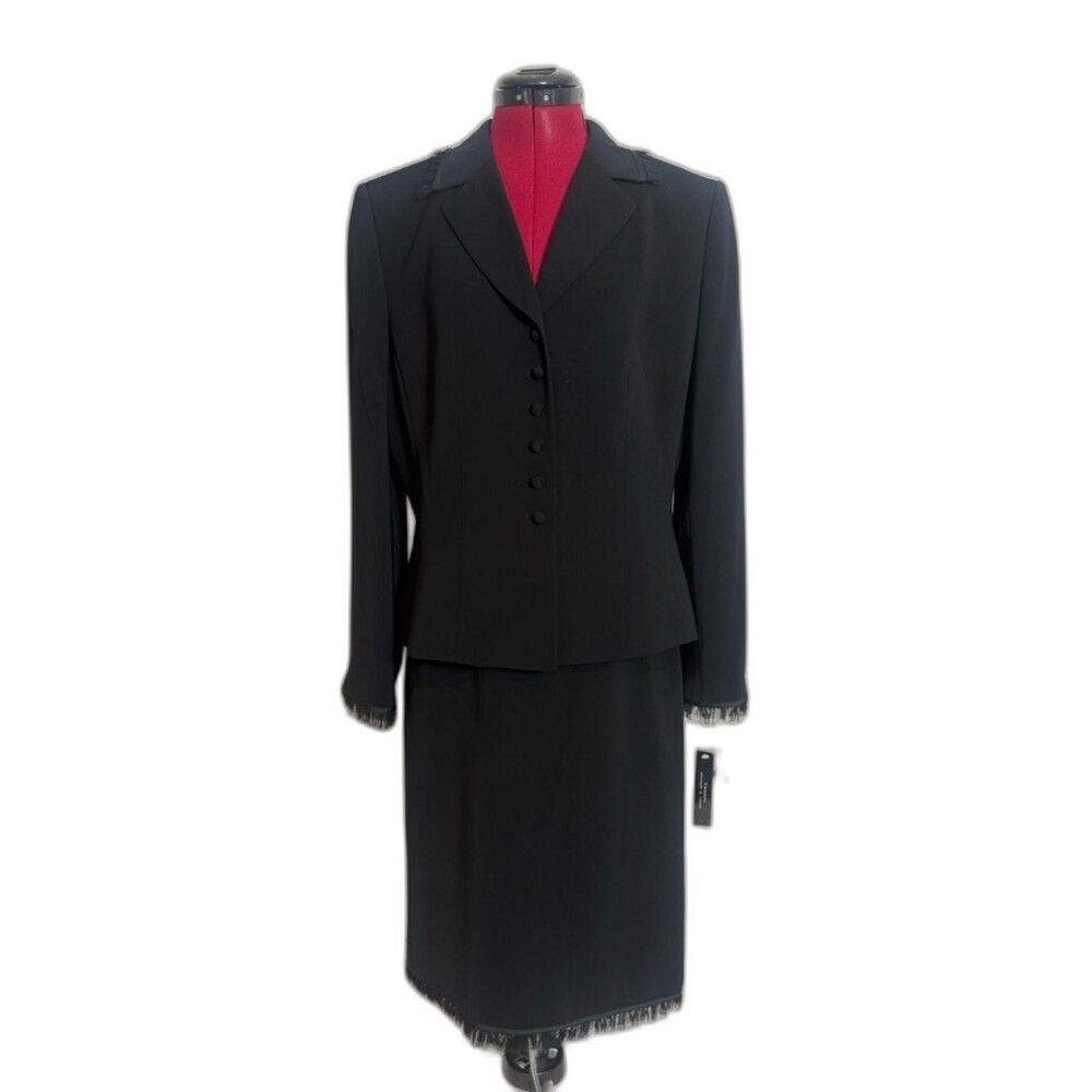 NWT Tahari ASL Skirt Suit Size 12 Black 2-Piece Set Blazer & Skirt Fringe Trim